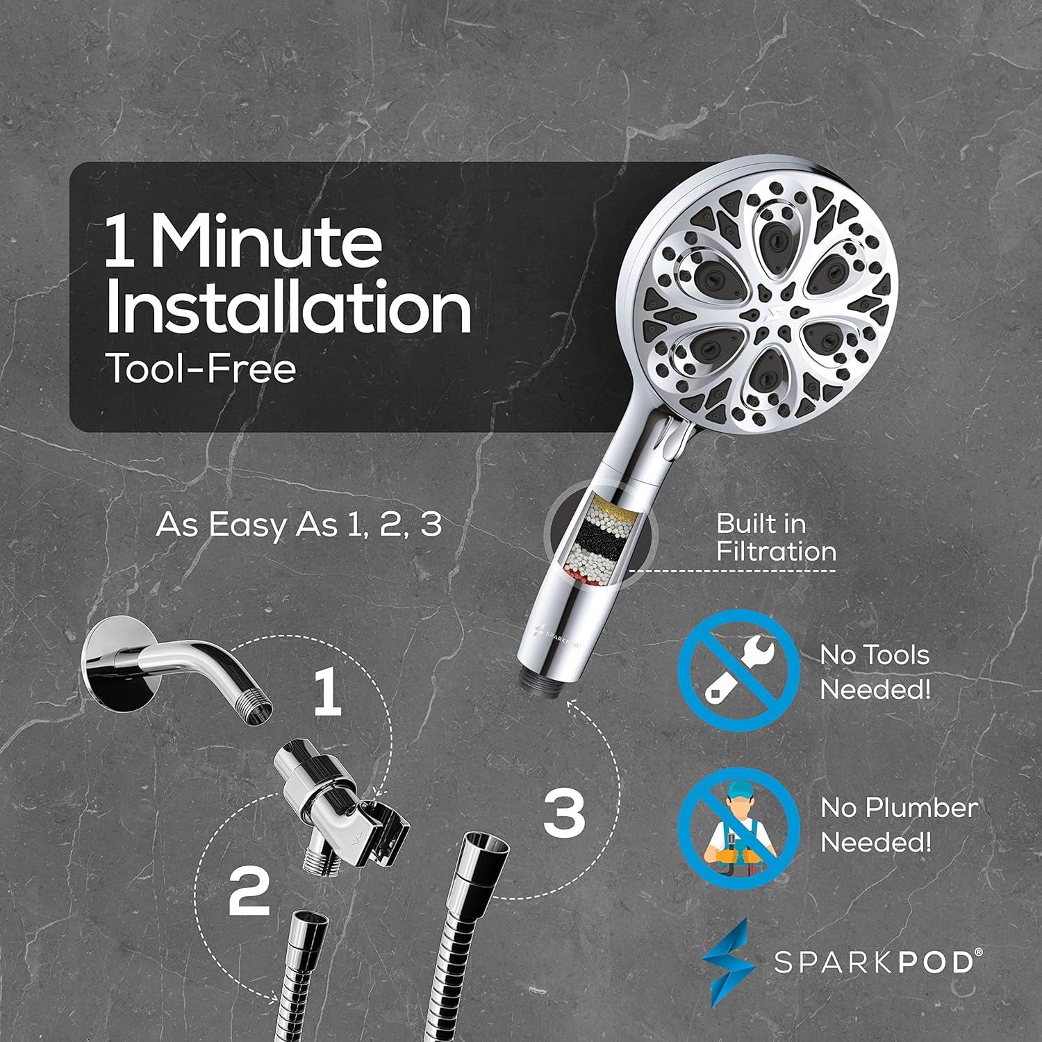 10-Mode Handheld Shower Head with Filter - 5" High Pressure Filtered Shower Head with Touch-to-Clean Nozzles, Built-In Power Jet, Stainless Steel 6ft Hose & Bracket (Polished Chrome)