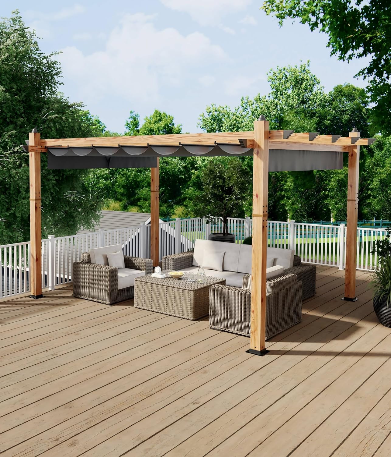 10' X 13' Outdoor Pergola with Retractable Canopy Aluminum Pergola Faux Wood Metal Pergolas Gazebo for Backyard, Deck