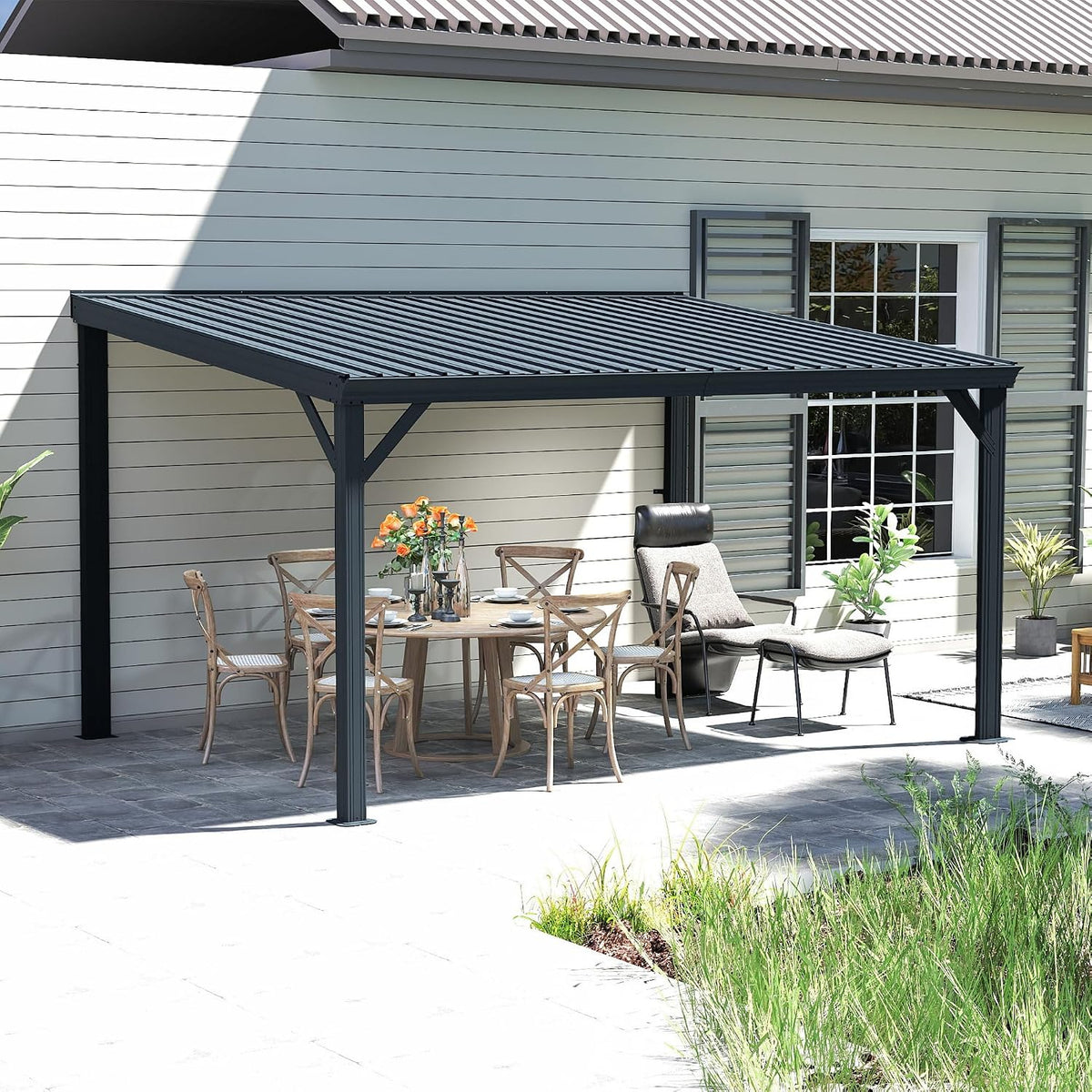 10' x 14' Lean to Gazebo, Wall Mounted Gazebos Pergola with Built in Drainage System, Galvanized Steel Roof