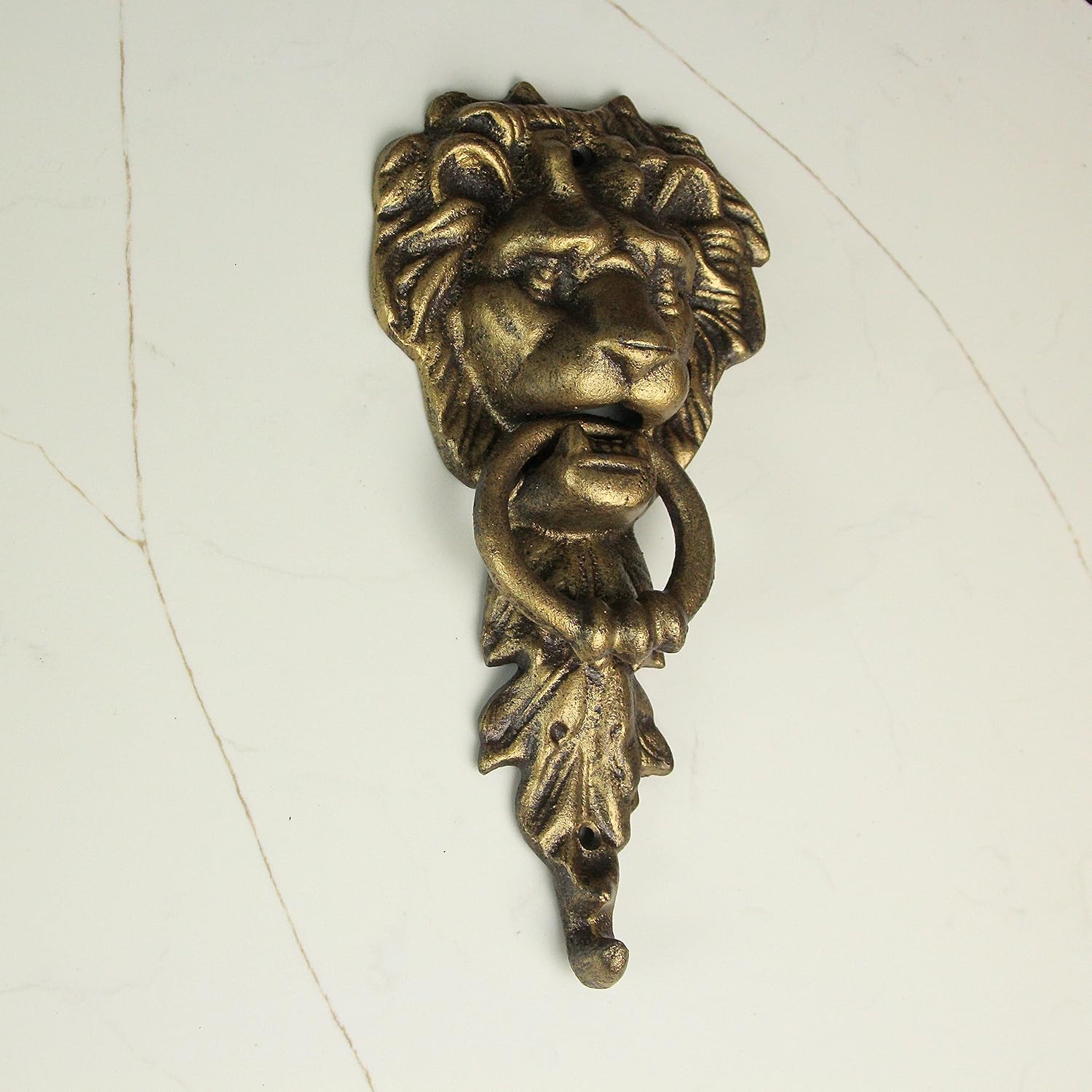 10 Inch High Bronze Finish Cast Iron Lion Head Vintage Style Door Knocker - Easy to Install