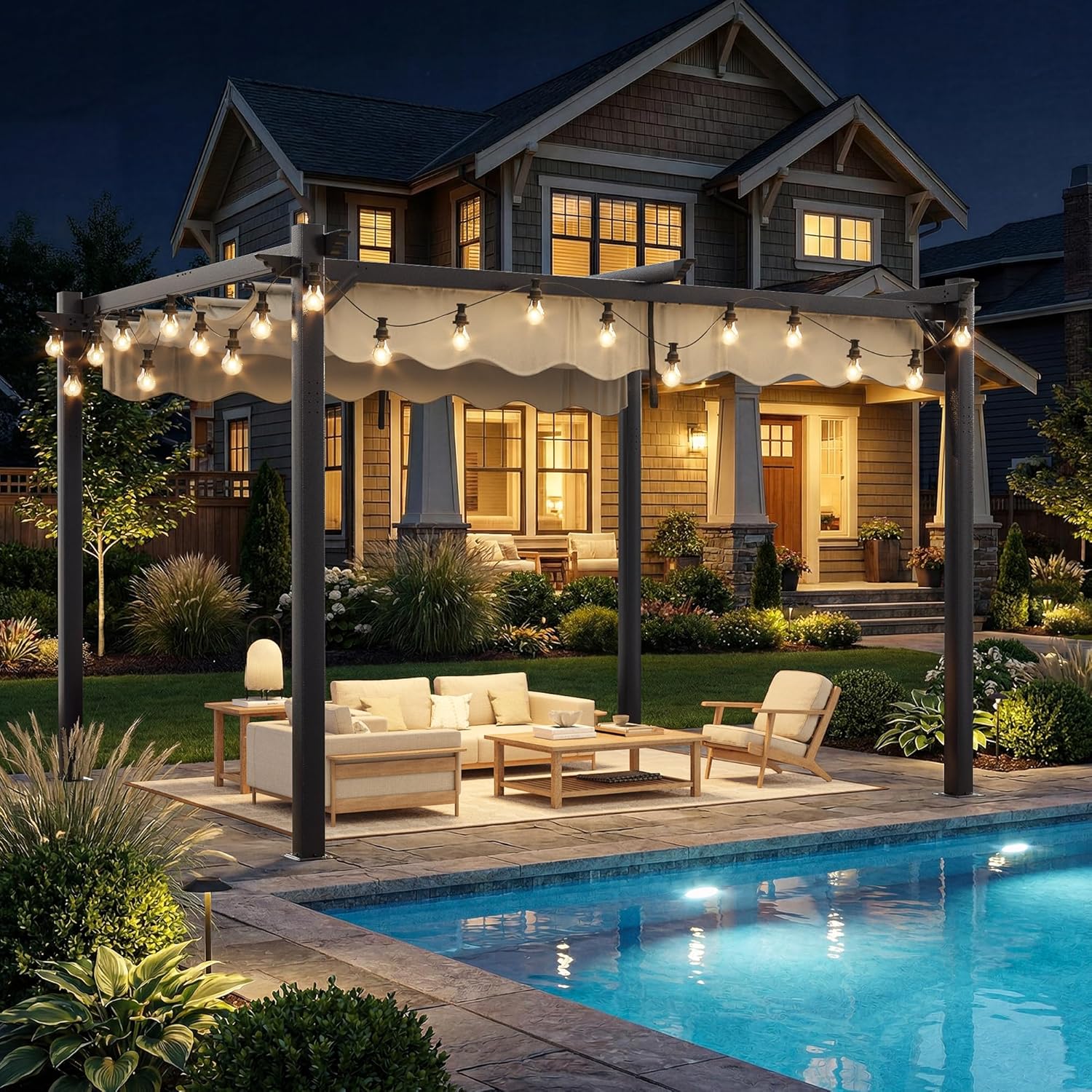 10'x12' Outdoor Pergola with Retractable Canopy, Patio Metal Heavy-Duty Gazebo Shelter