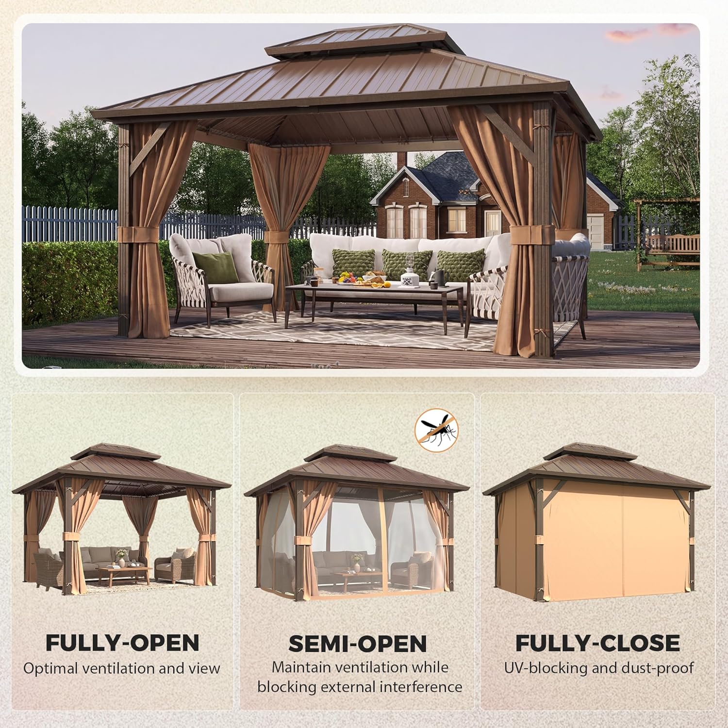 10' x 12' Gazebo Hardtop with Aluminum Frame,Galvanized Steel Double Roof Gazebos with Curtain and Netting,Outdoor Metal Pergolas for Garden, Lawn, Deck, Brown