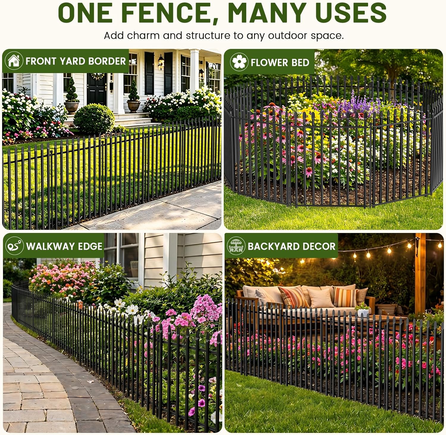 10 Panels No Dig Decorative Garden Fence with Gate, 32in(H) × 22ft(L) Heavy-Duty Rustproof Metal Panels, Outdoor Dog