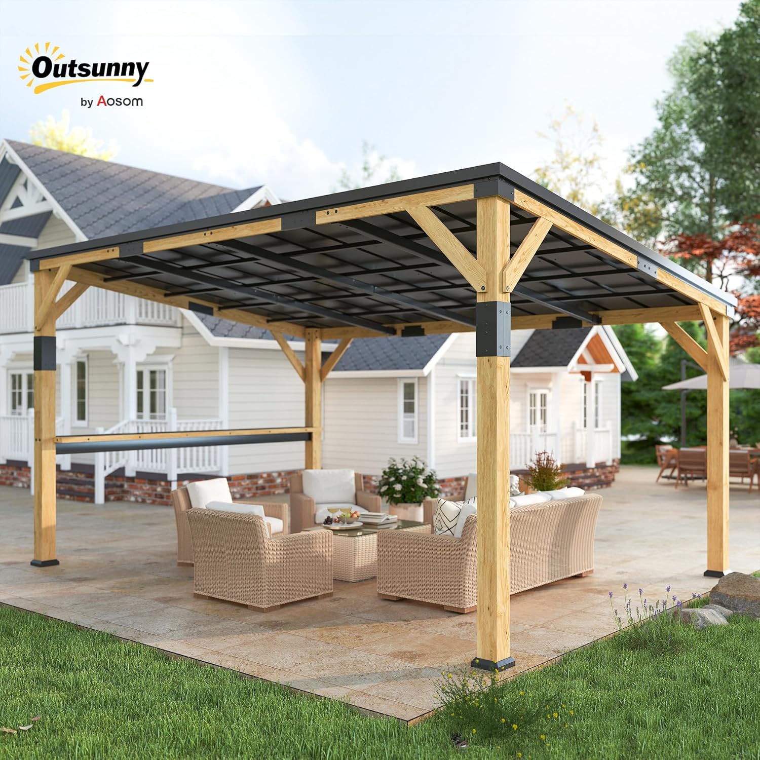 10' x 14' Wooden Gazebo with Galvanized Steel Sloped Roof, Hardtop Lean-to Gazebo Pergola with Bar Shelf