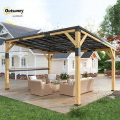 10' x 14' Wooden Gazebo with Galvanized Steel Sloped Roof, Hardtop Lean-to Gazebo Pergola with Bar Shelf
