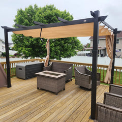 10' x 12' Outdoor Retractable Pergola Aluminum with DIY Sun Shade Canopy Patio Modern Heavy-Duty Bronze Shelter for Garden Yard Pavilion Grape Trellis Porch, Beige
