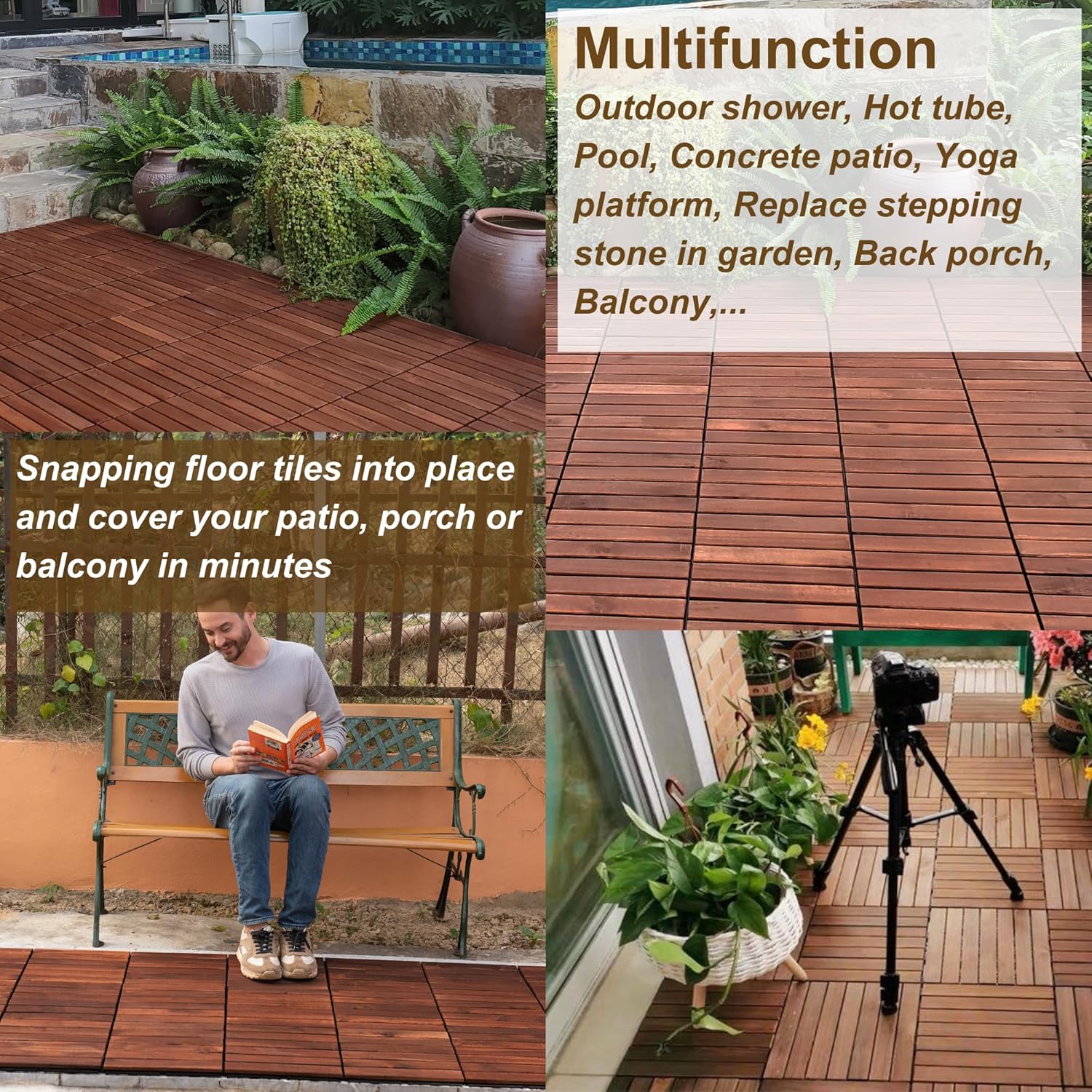 10 PCS Interlocking Deck Tiles, Solid Wood Patio Flooring Outdoor Waterproof, 12"x12"x0.8" Acacia Wood Tiles, Patio