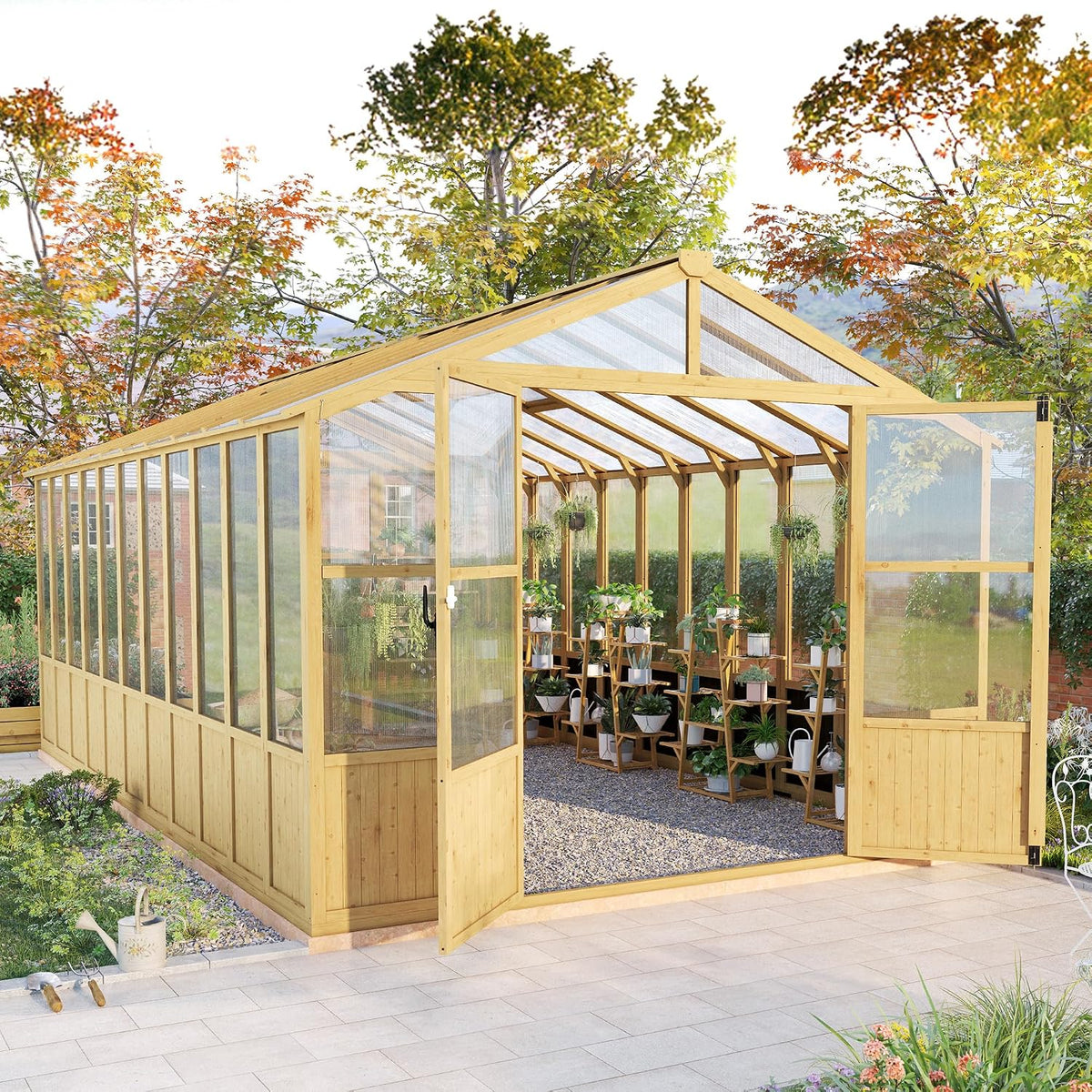 10 x 18-Ft Wooden Greenhouse | Walk-In Cedar Frame, Lockable Door, 2 Adjustable Roof Vents, Polycarbonate Panels, for