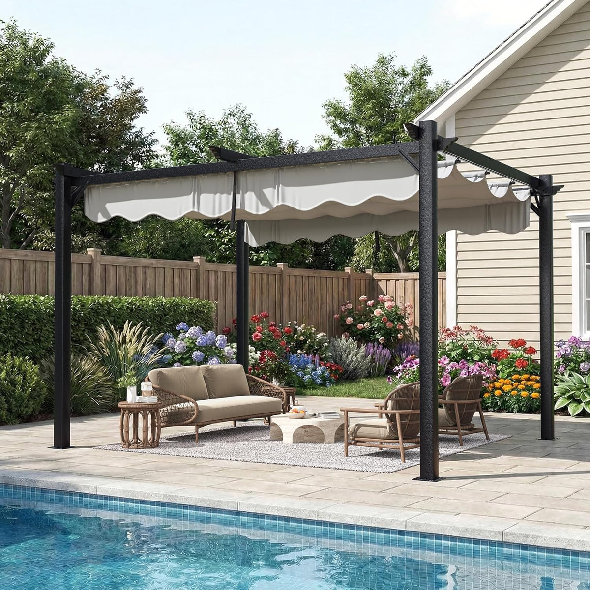 10'x12' Outdoor Pergola with Retractable Canopy, Patio Metal Heavy-Duty Gazebo Shelter