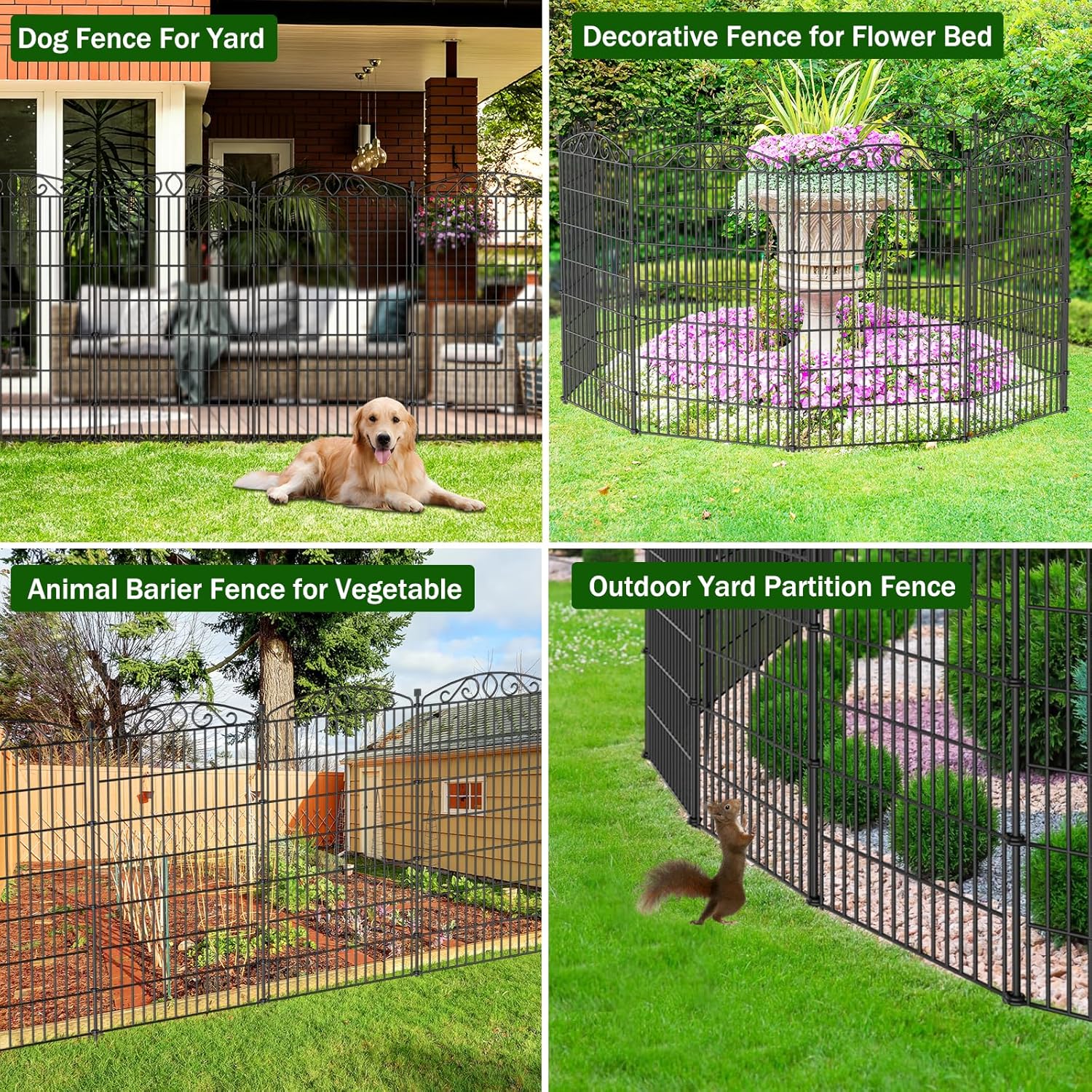 10 Panel No Dig Decorative Garden Fence - 48in H x 22.6 ft L, Tall Animal Barrier for Dogs Rabbits, Rustproof Metal