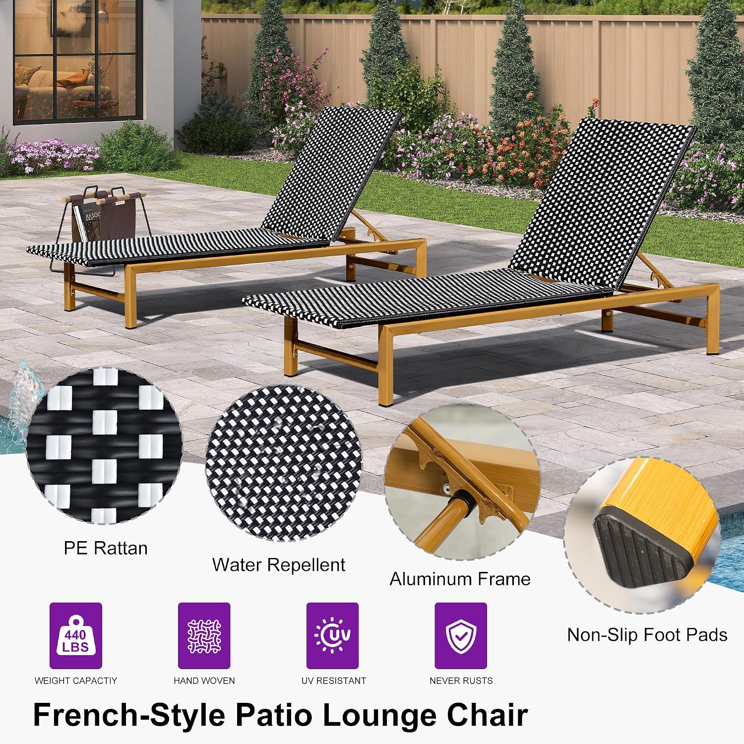 1 Piece French Patio Chaise Lounge Rattan Teak Frame, Black | Weatherproof Handwoven Wicker, Aluminum Frame, 5