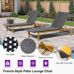 1 Piece French Patio Chaise Lounge Rattan Teak Frame, Black | Weatherproof Handwoven Wicker, Aluminum Frame, 5