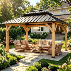 10' x 12' Wooden Gazebo,Patio Hardtop Gazebo Wood,DIY Color Permanent Pavilion with Galvanized Steel Double Metal Roof