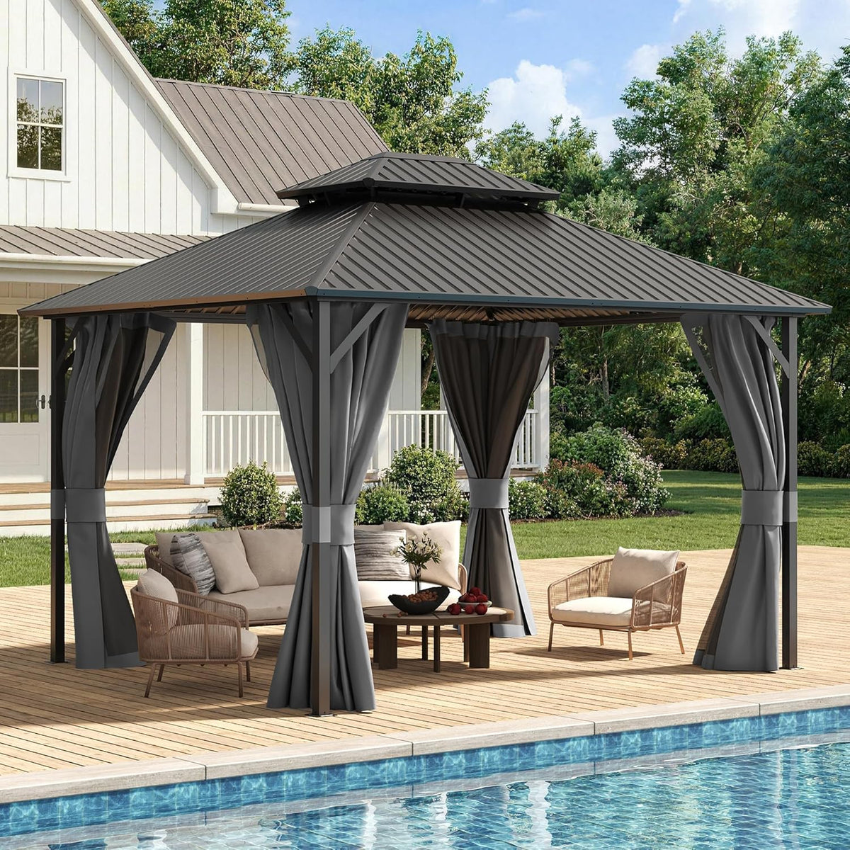 10'x12' Hardtop Gazebo, Metal Gazebo with Galvanized Steel Double Roof, Permanent Patio Pavilion for Dining Parties