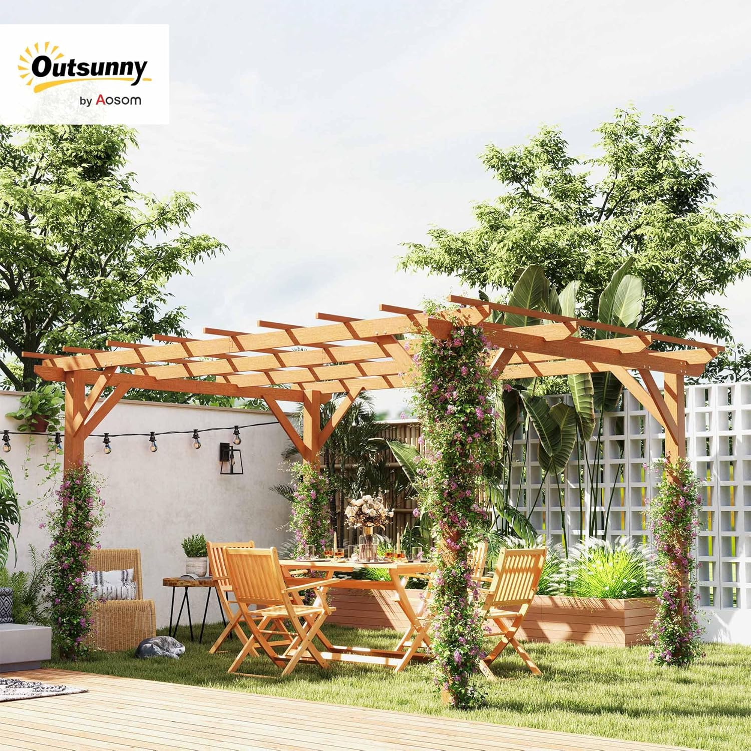 10' x 13' Outdoor Pergola, Wood Gazebo Grape Trellis with Stable Structure and Concrete Anchors for Climbing Plant