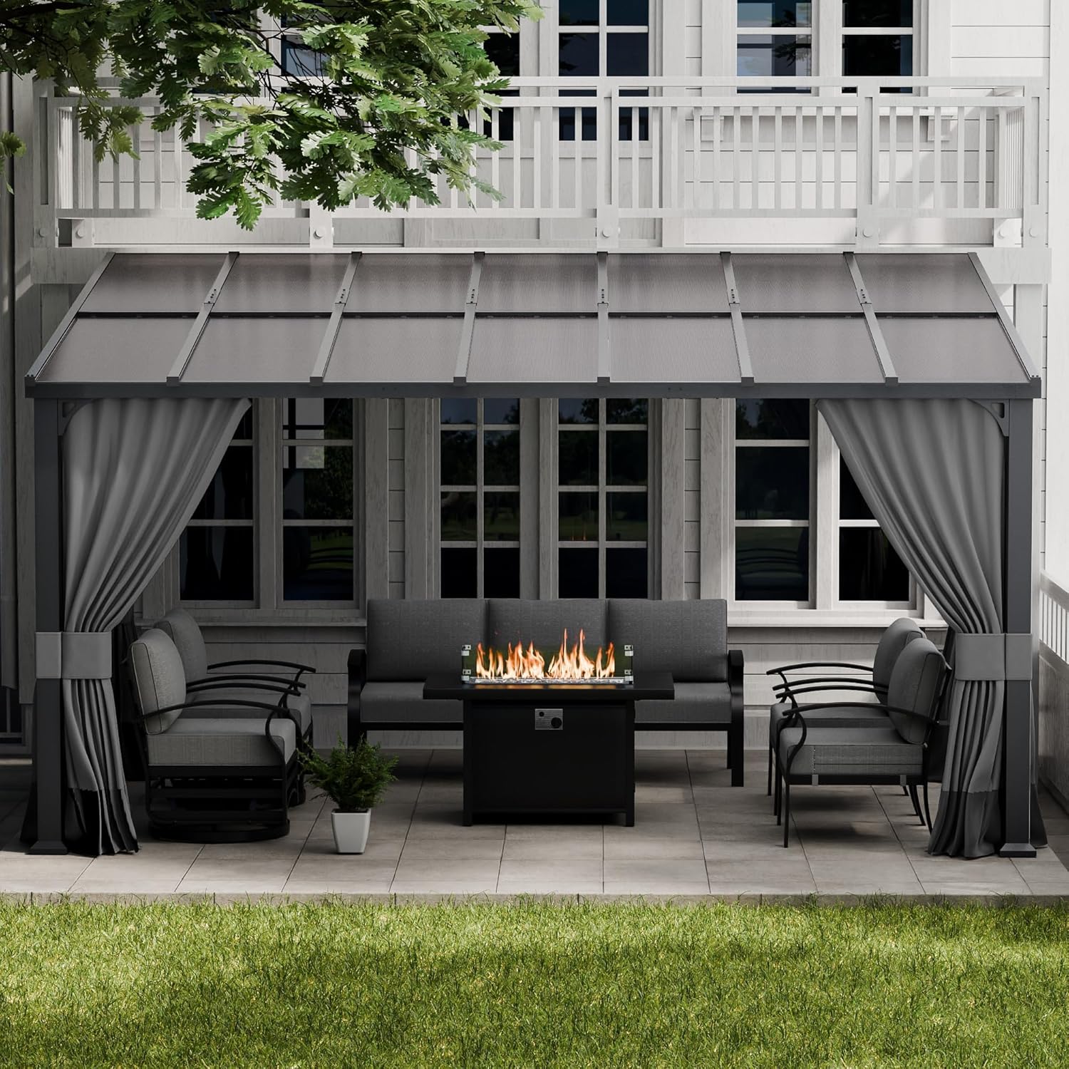 10'x 14' Outdoor Hardtop Pergola,Wall Mounted Lean to Gazebo with Curtains and Netting,Galvanized Metal