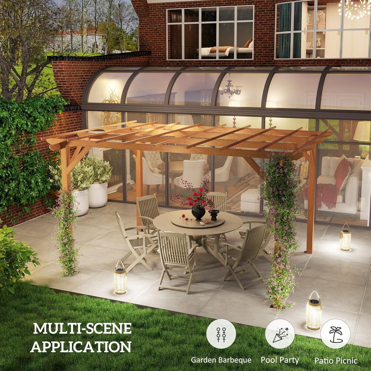 10' x 13' Outdoor Pergola, Wood Gazebo Grape Trellis with Stable Structure and Concrete Anchors for Climbing Plant