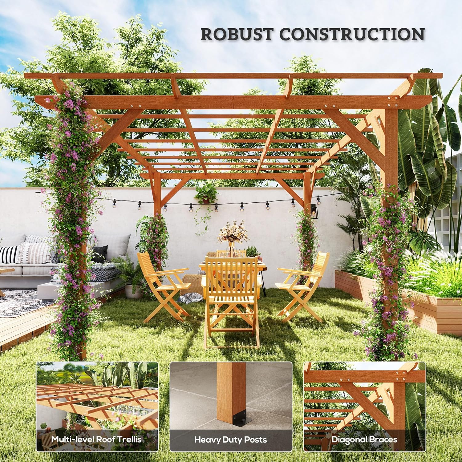 10' x 13' Outdoor Pergola, Wood Gazebo Grape Trellis with Stable Structure and Concrete Anchors for Climbing Plant