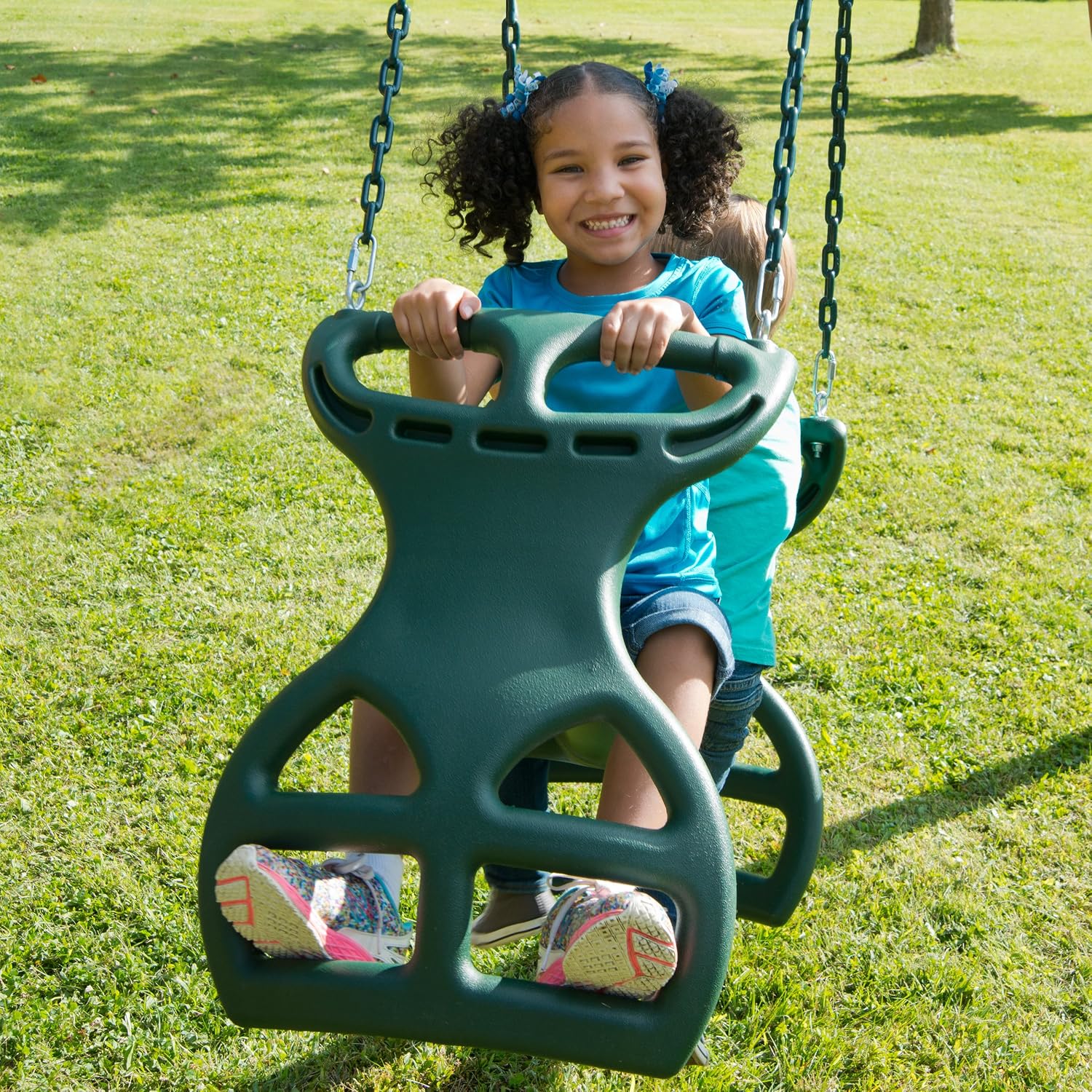 04-0037-G Dual Ride Glider Back-to-Back Tandem Swing, Green, Green Plastic Coated Chains, Multi-Child Swing