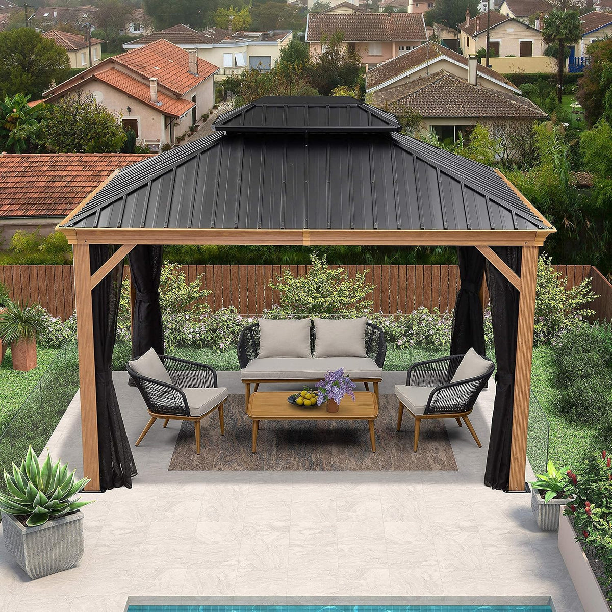 10' X 12' Outdoor Hardtop Gazebo Galvanized Steel Double Roof Permanent Canopy Teak Finish Coated Aluminum Frame